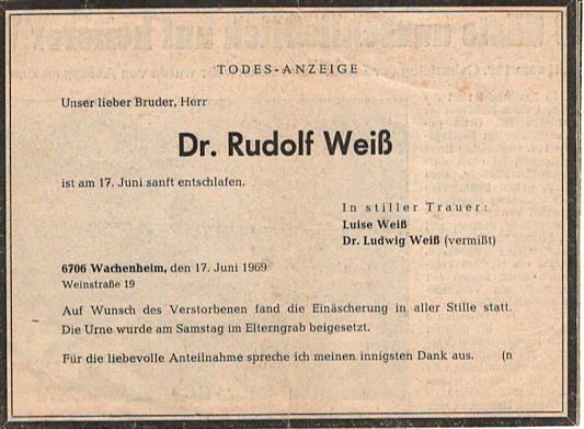 Death notice Rudolf Weiss 1969