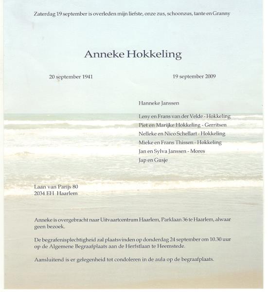 Overlijden Anneke Hokkeling 2009