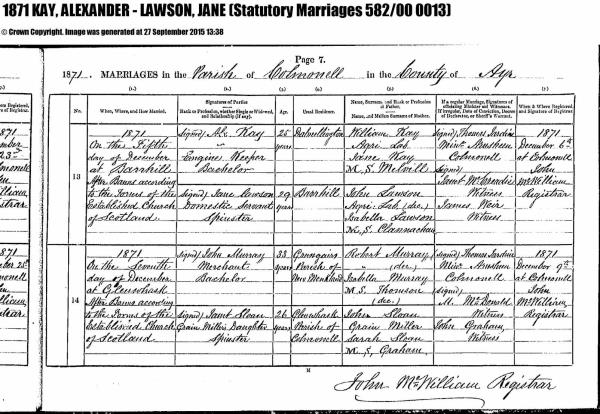 Alexander Kay - Jane Lawson marriage cert 1871