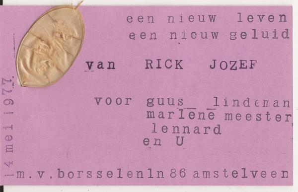 Geboorteaankaartje Rick 1977