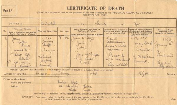 Death Certificate Jean McIntyre 1963