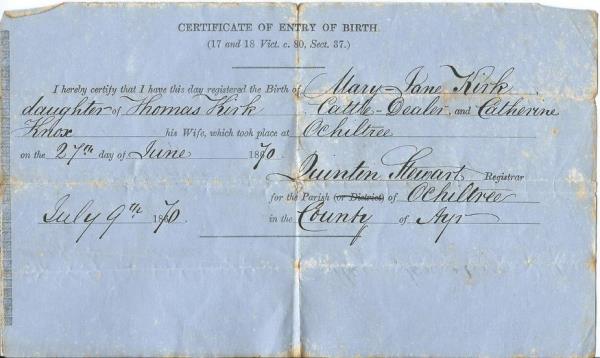 Birth Certificate Mary Jane Kirk 1870