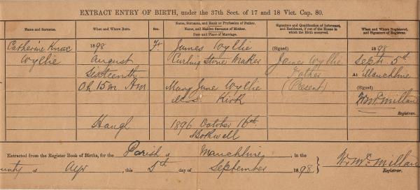 Birth Certificate Catherine Knox Wyllie 1898