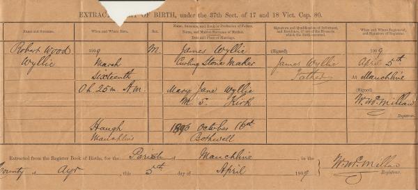 Birth Certificate Robert Wood Wyllie 1909