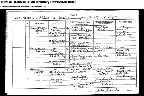 Registration of birth James McIntyre Lyle 1902