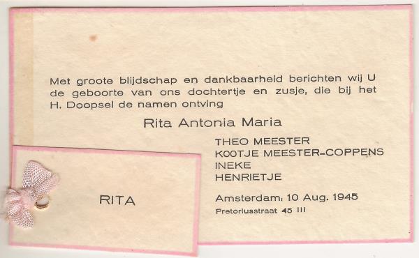 Geboortekaartje Rita Meester 1945