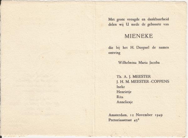 Geboortekaartje Mieneke Meester 1949