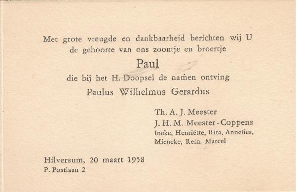 Geboortekaartje Paul Meester 1958