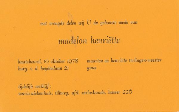 Geboortekaartje Madelon 1978