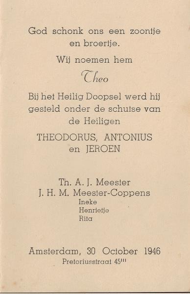 Geboortekaartje Theo Meester 1946