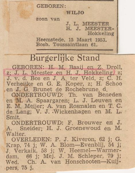 Geboortebericht Wiljo Meester 1953