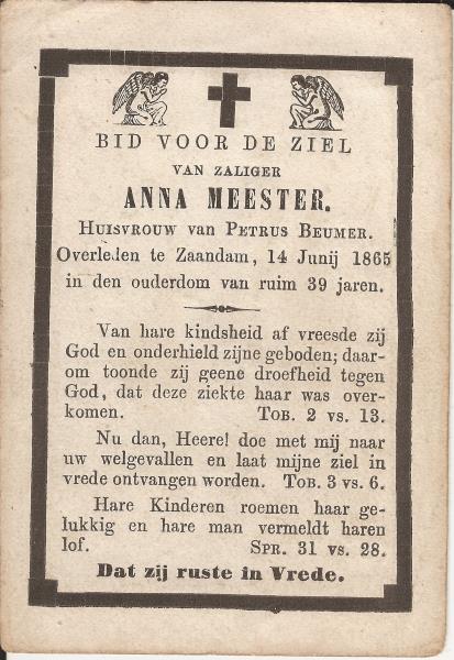 Bidprent Anna Meester 1865