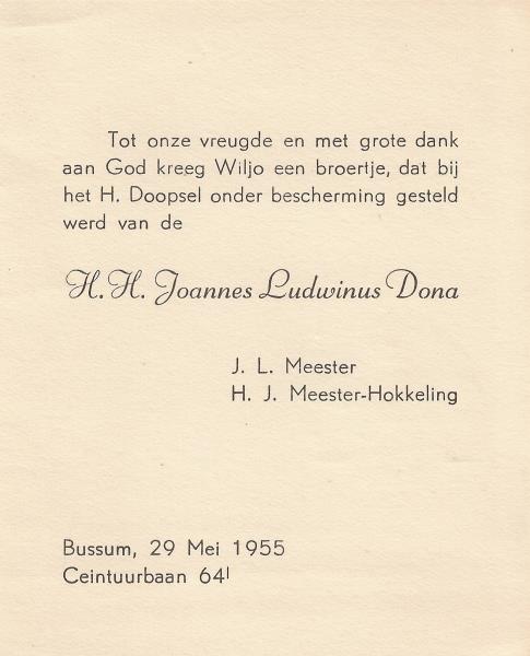 Geboortekaartje Luud Meester 1955